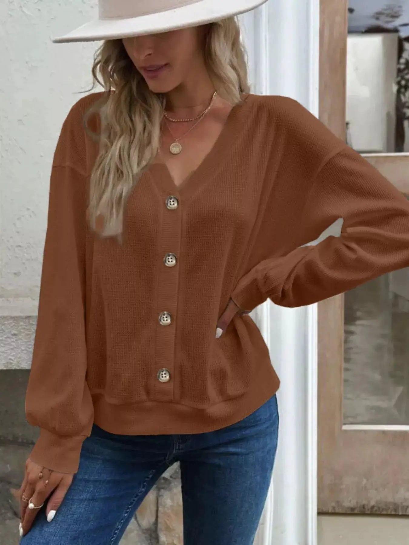 Casual V-Neck Waffle Long Sleeve Top by Trendsi