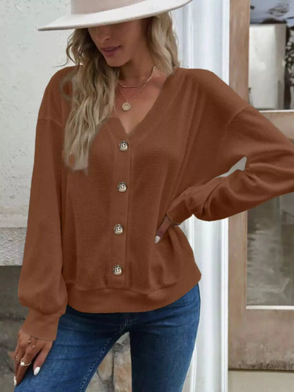 Casual V-Neck Waffle Long Sleeve Top by Trendsi
