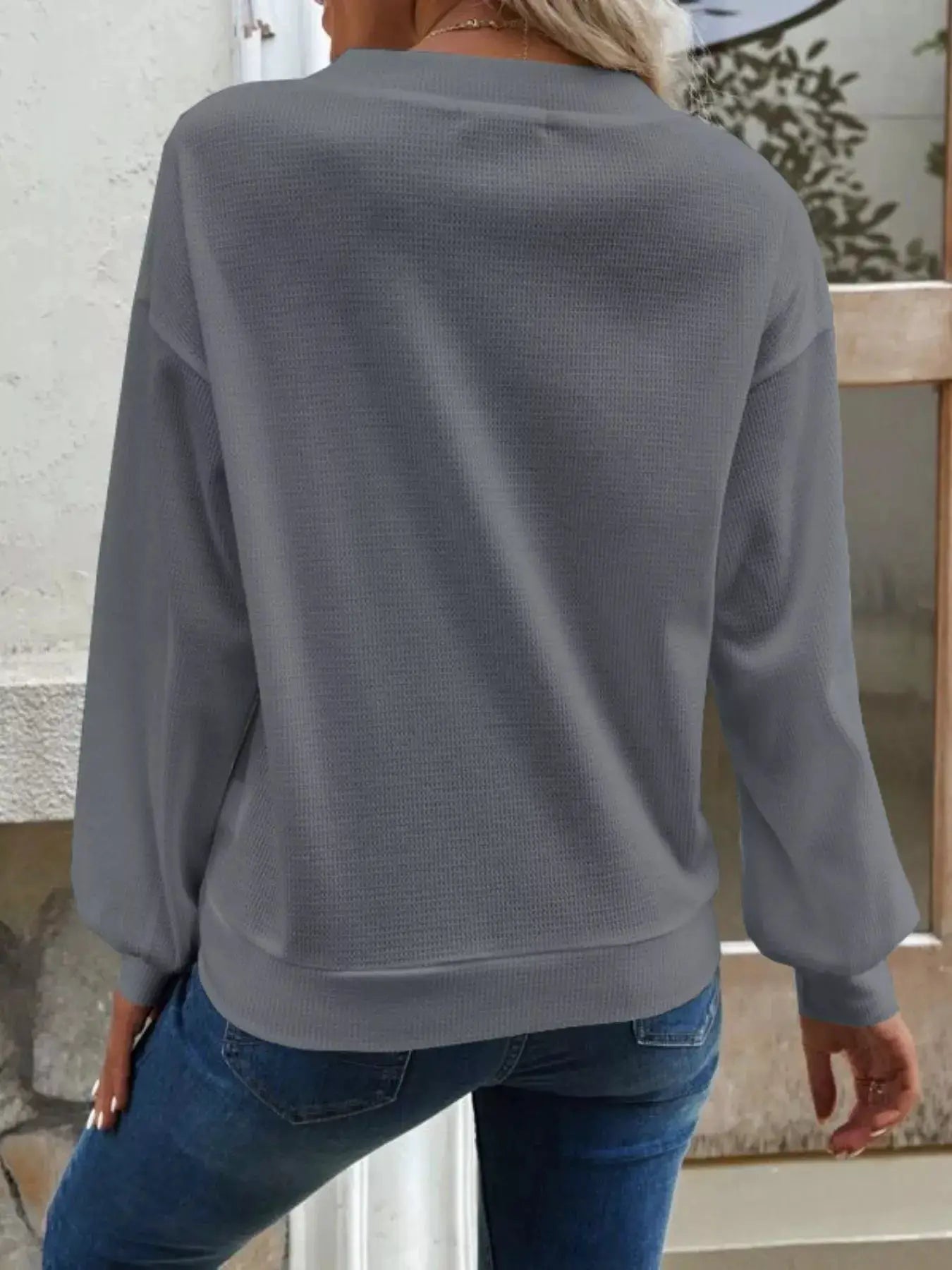 Casual V-Neck Waffle Long Sleeve Top by Trendsi