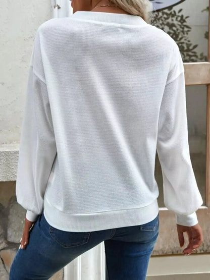 Casual V-Neck Waffle Long Sleeve Top by Trendsi