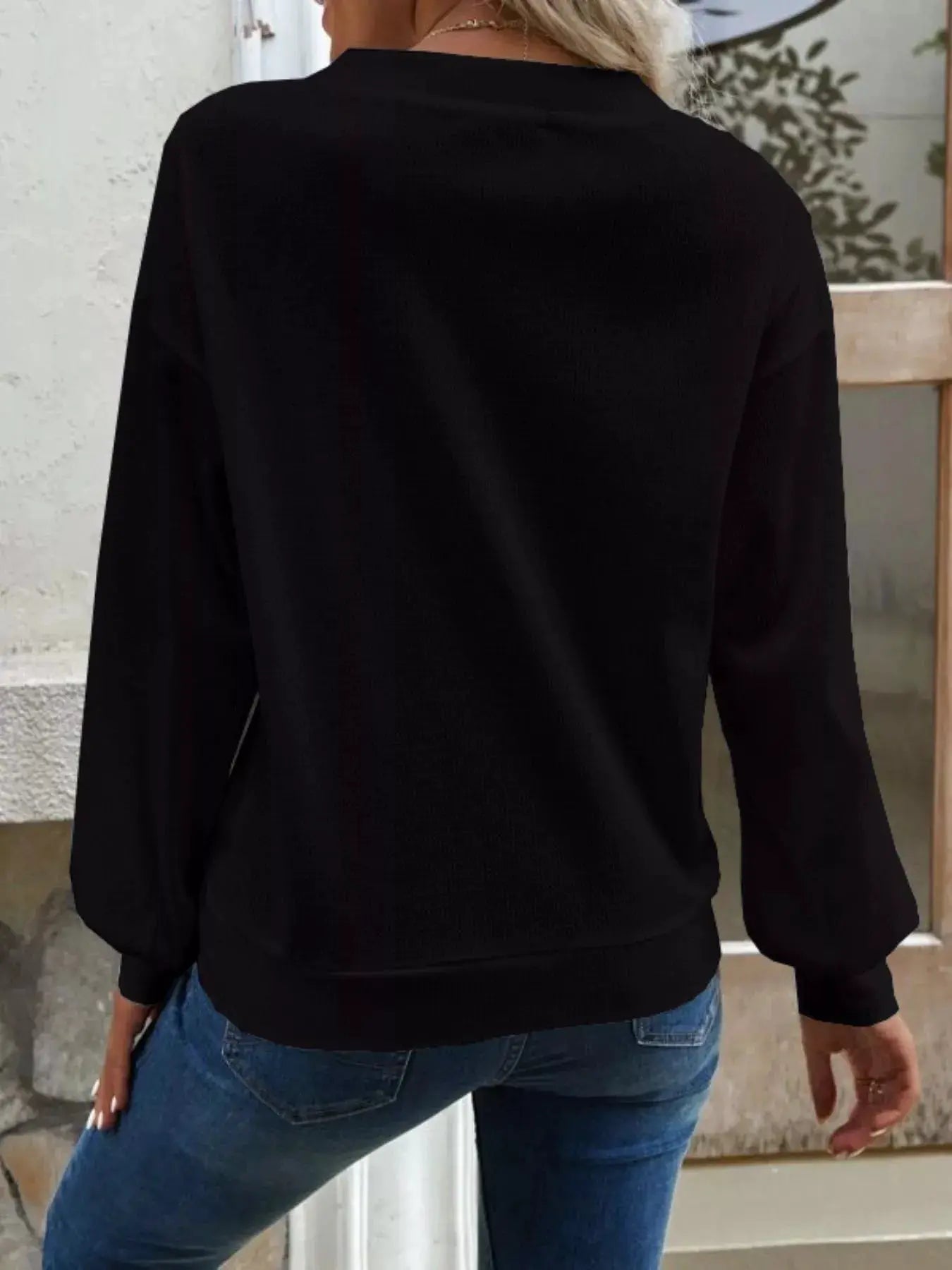 Casual V-Neck Waffle Long Sleeve Top by Trendsi