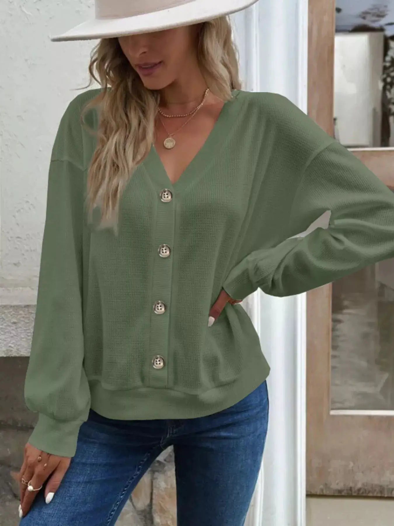 Casual V-Neck Waffle Long Sleeve Top by Trendsi