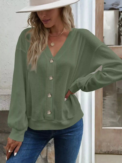 Casual V-Neck Waffle Long Sleeve Top by Trendsi