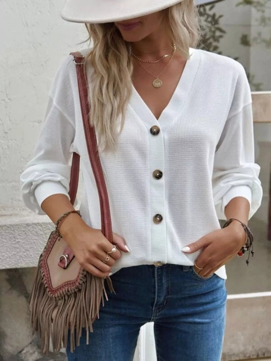 Casual V-Neck Waffle Long Sleeve Top - Bitsy Gypsy Boutique