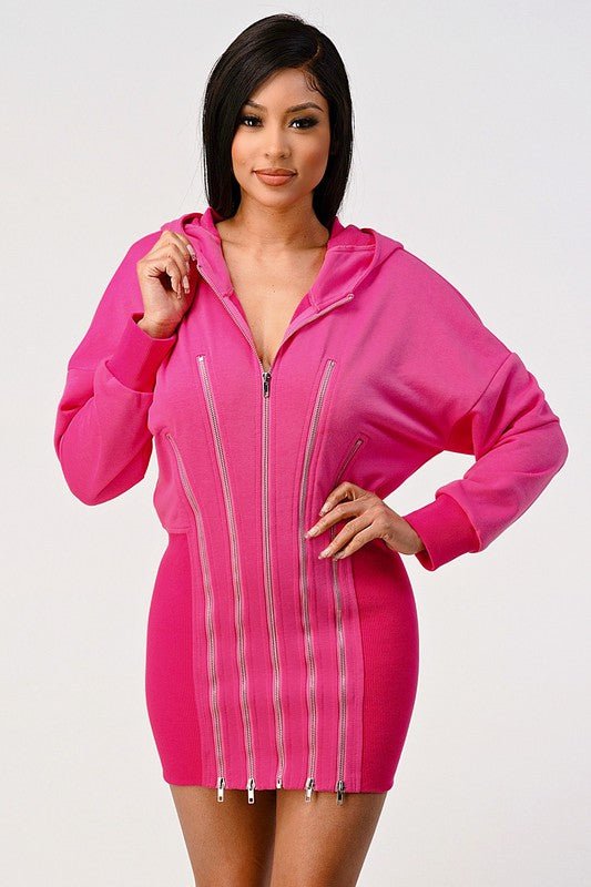Casual zipper detail pink hoodie zip up dress - Bitsy Gypsy Boutique