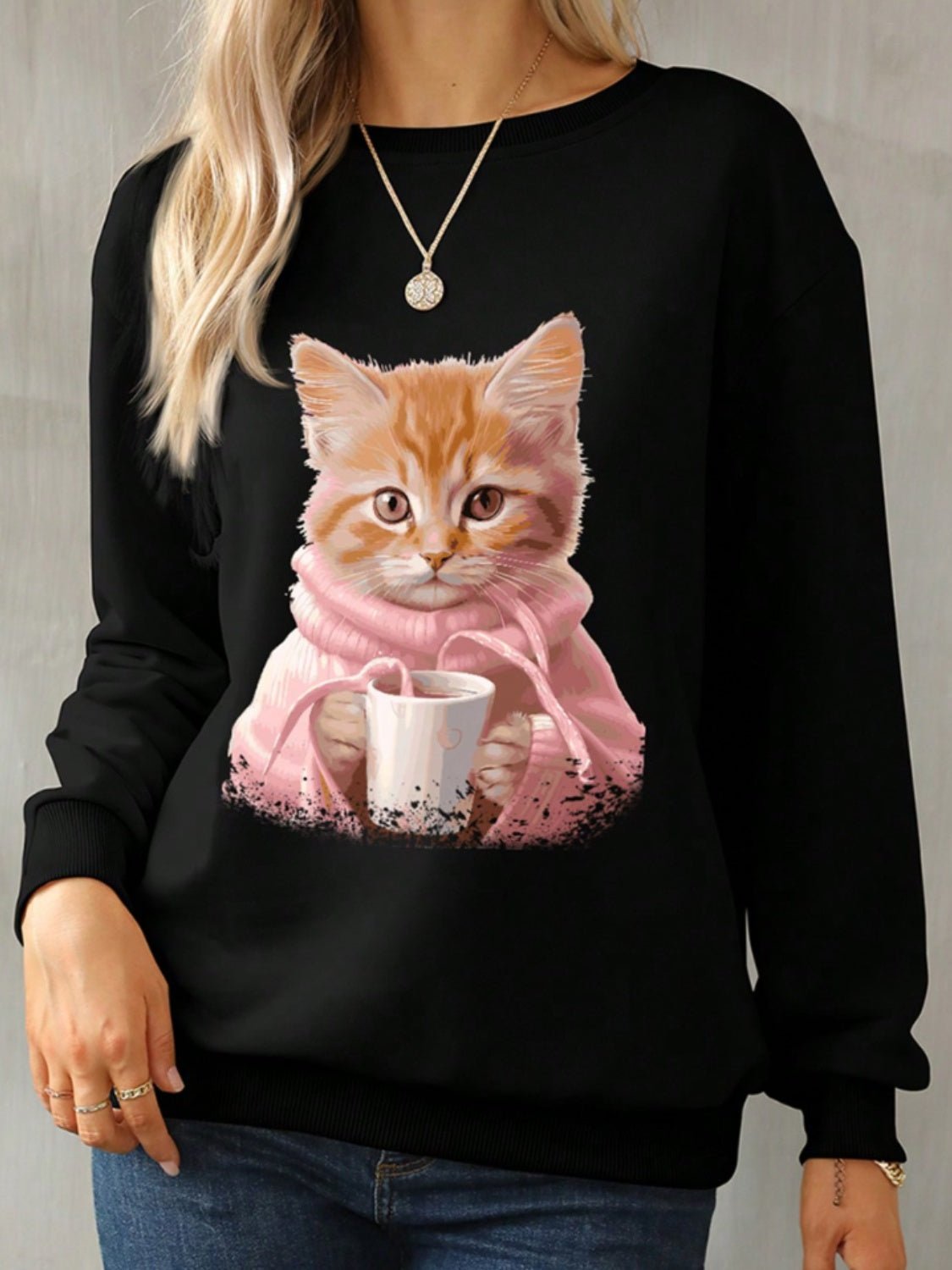 Cat Round Neck Long Sleeve Sweatshirt - Bitsy Gypsy Boutique