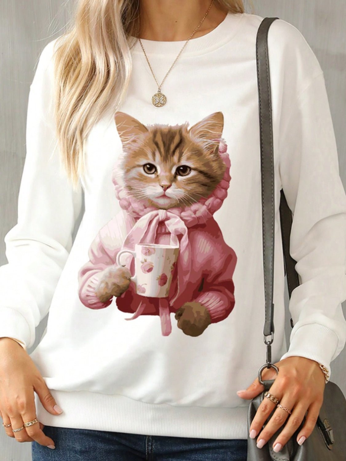 Cat Round Neck Long Sleeve Sweatshirt - Bitsy Gypsy Boutique