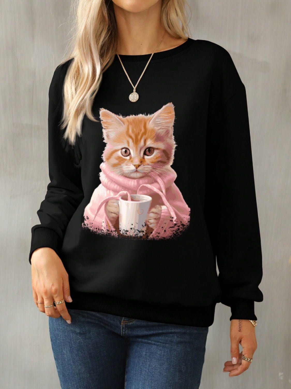 Cat Round Neck Long Sleeve Sweatshirt - Bitsy Gypsy Boutique