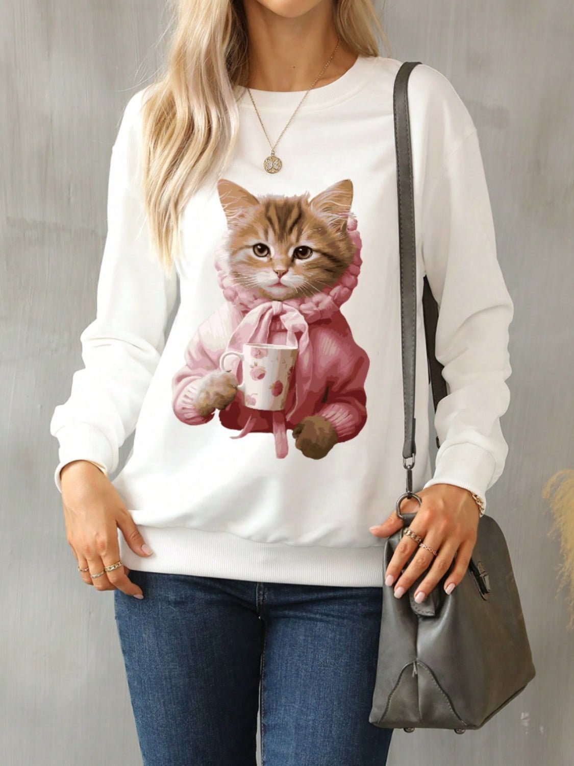 Cat Round Neck Long Sleeve Sweatshirt - Bitsy Gypsy Boutique