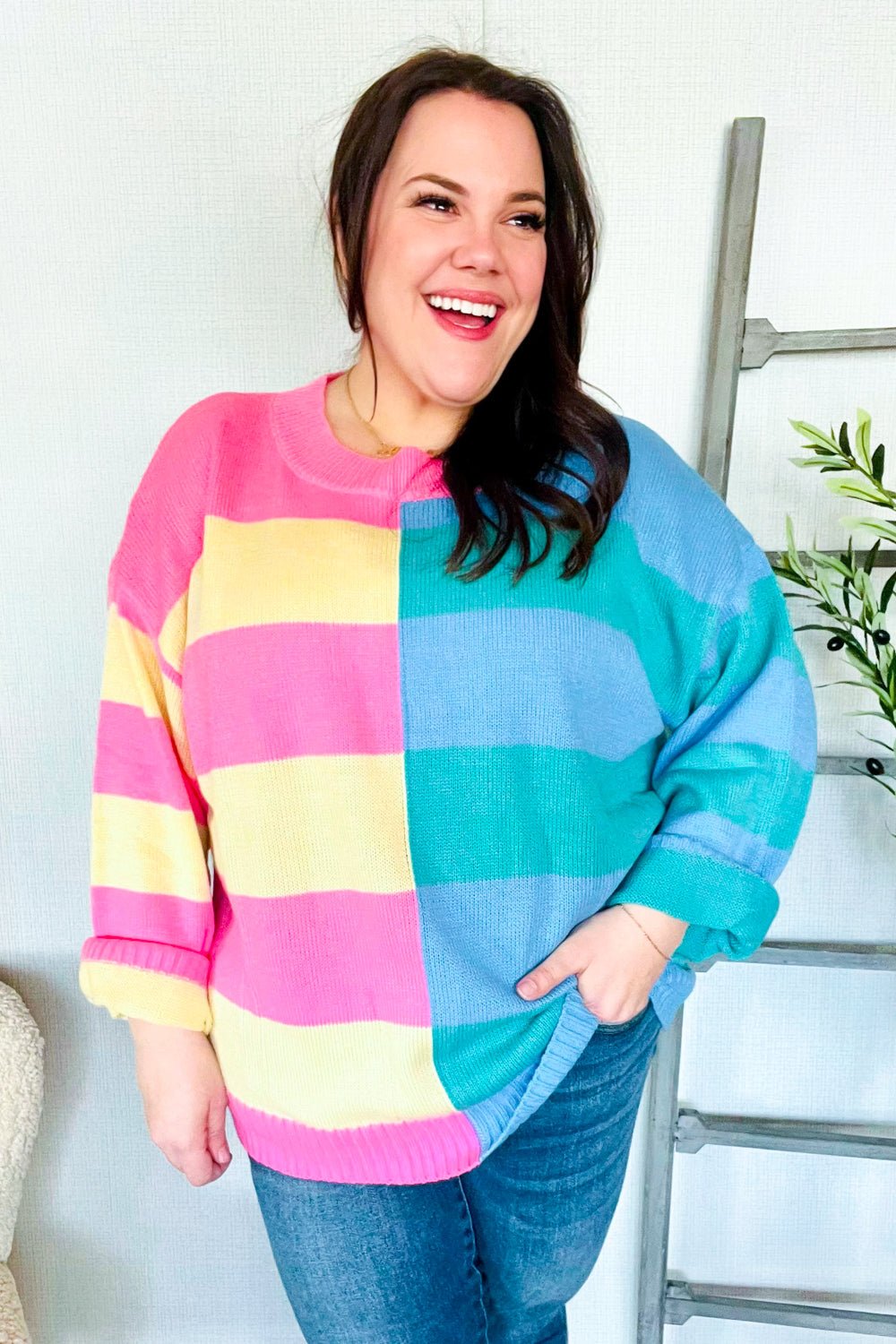 Catch Glances Blush & Blue Stripe Color Block Knit Sweater - Bitsy Gypsy Boutique