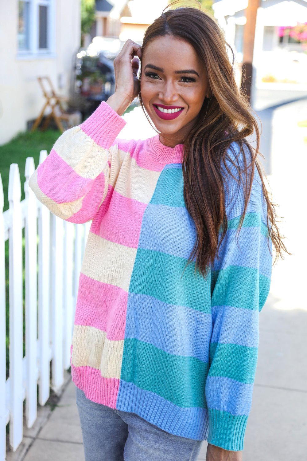 Catch Glances Blush & Blue Stripe Color Block Knit Sweater - Bitsy Gypsy Boutique