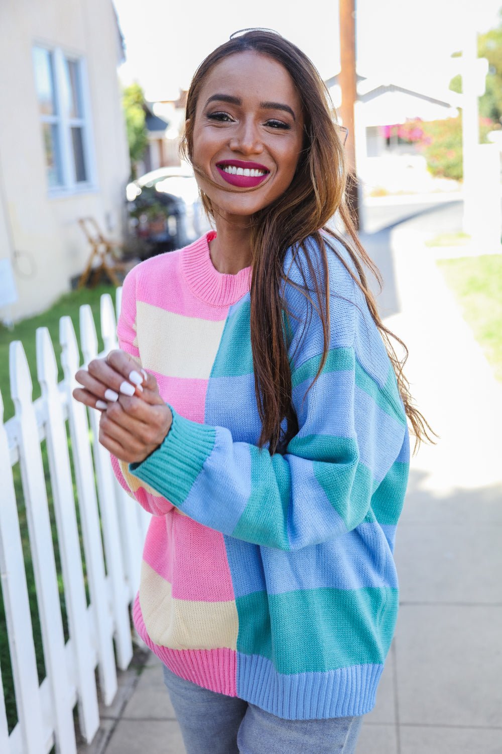 Catch Glances Blush & Blue Stripe Color Block Knit Sweater - Bitsy Gypsy Boutique