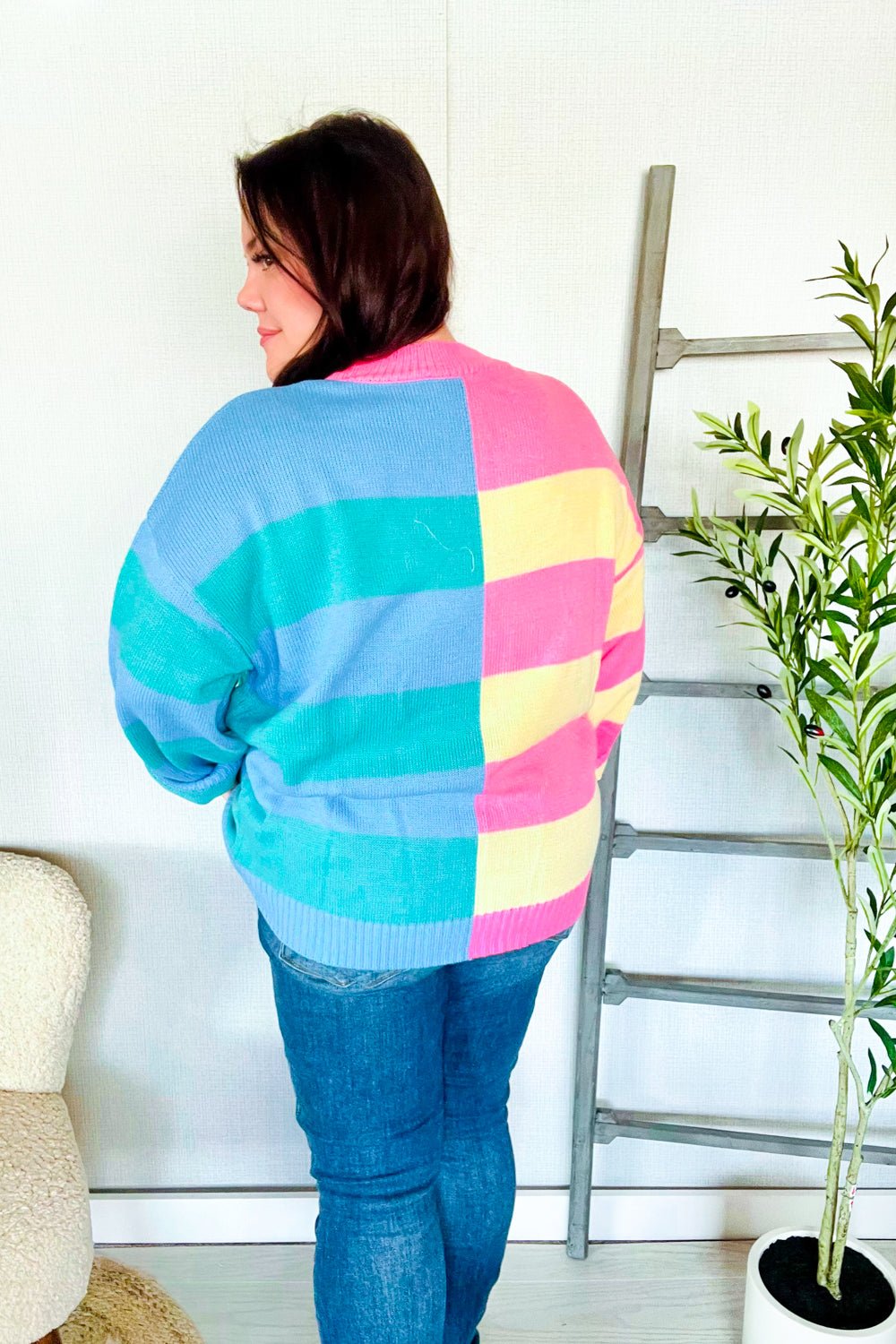 Catch Glances Blush & Blue Stripe Color Block Knit Sweater - Bitsy Gypsy Boutique