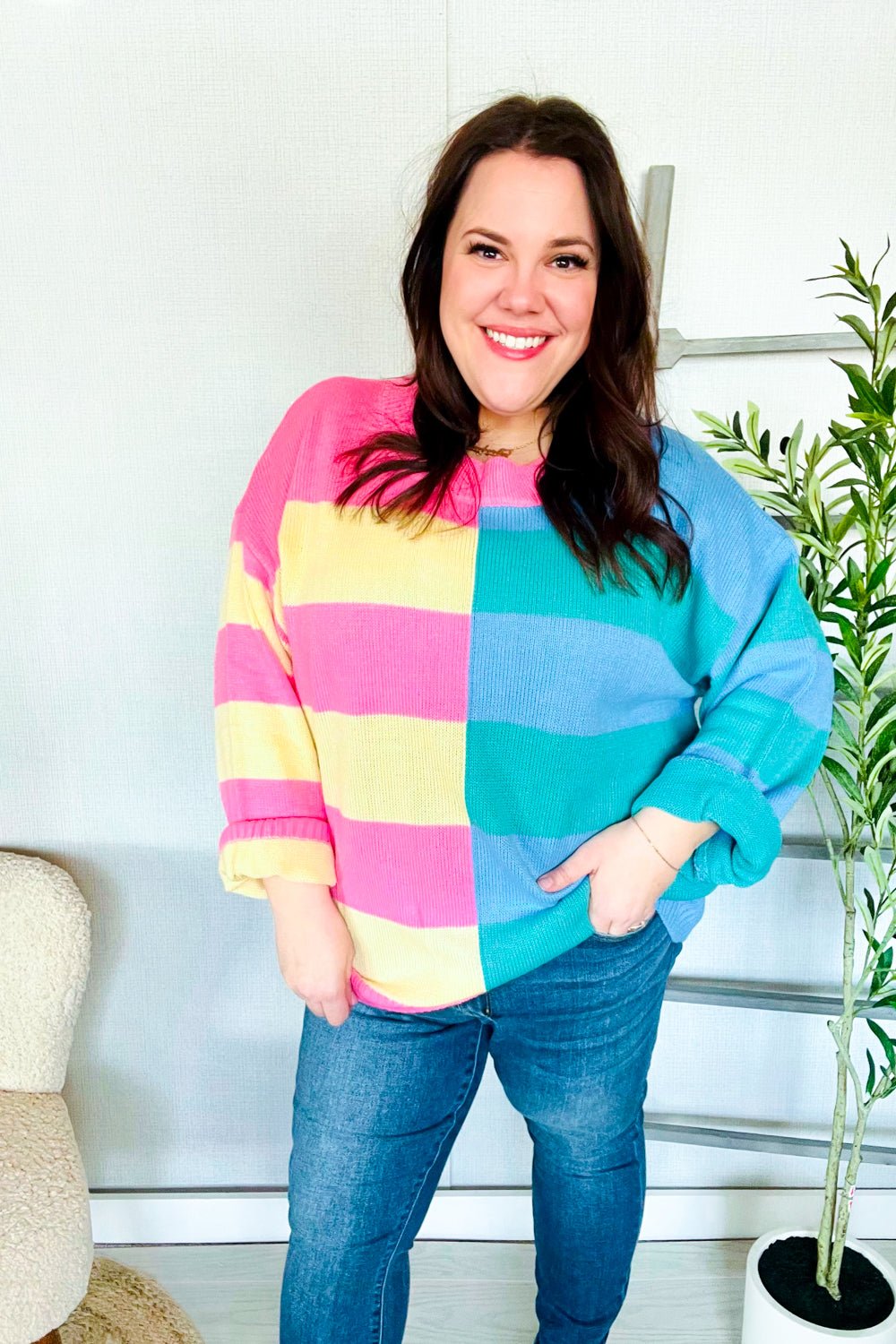 Catch Glances Blush & Blue Stripe Color Block Knit Sweater - Bitsy Gypsy Boutique