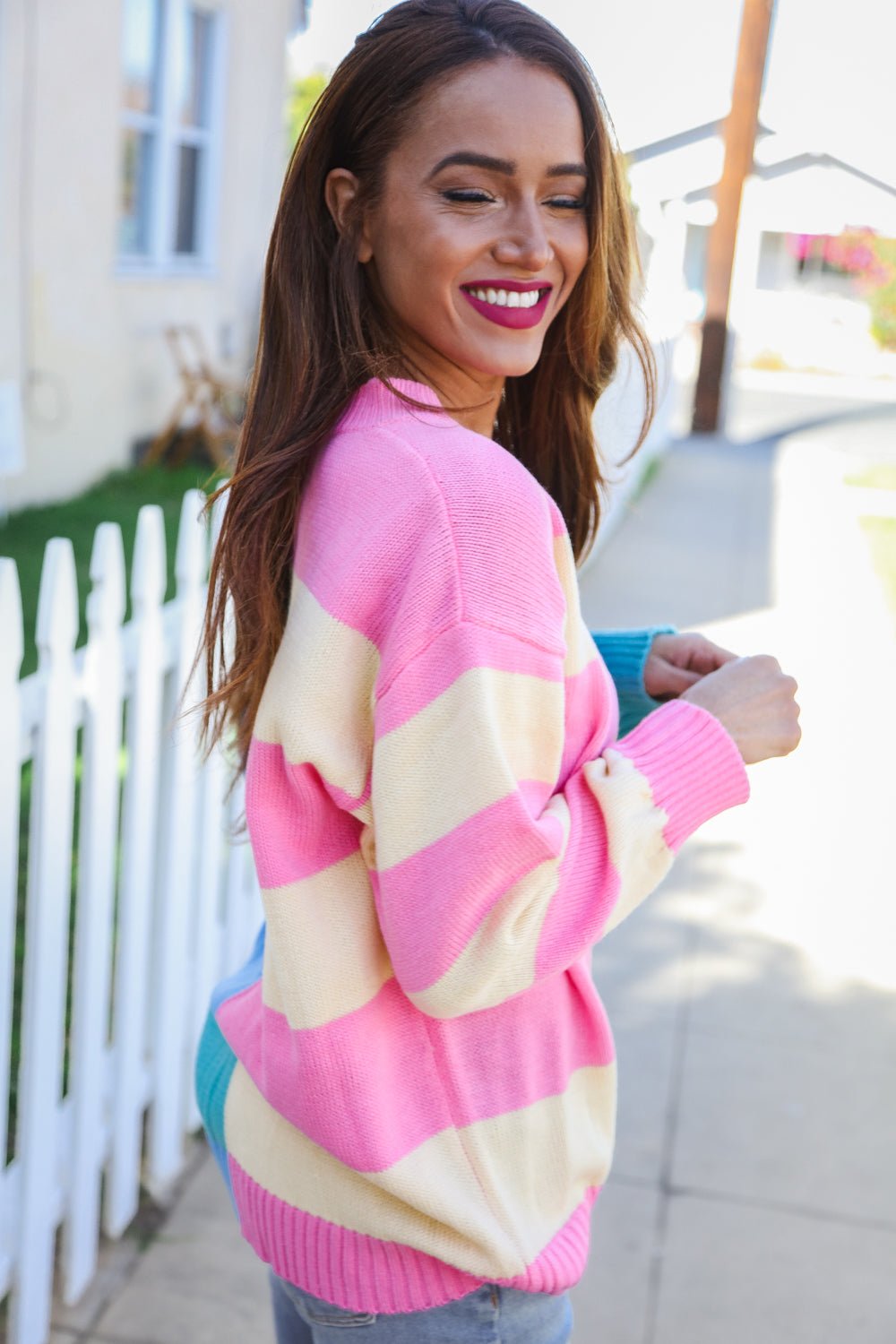 Catch Glances Blush & Blue Stripe Color Block Knit Sweater - Bitsy Gypsy Boutique