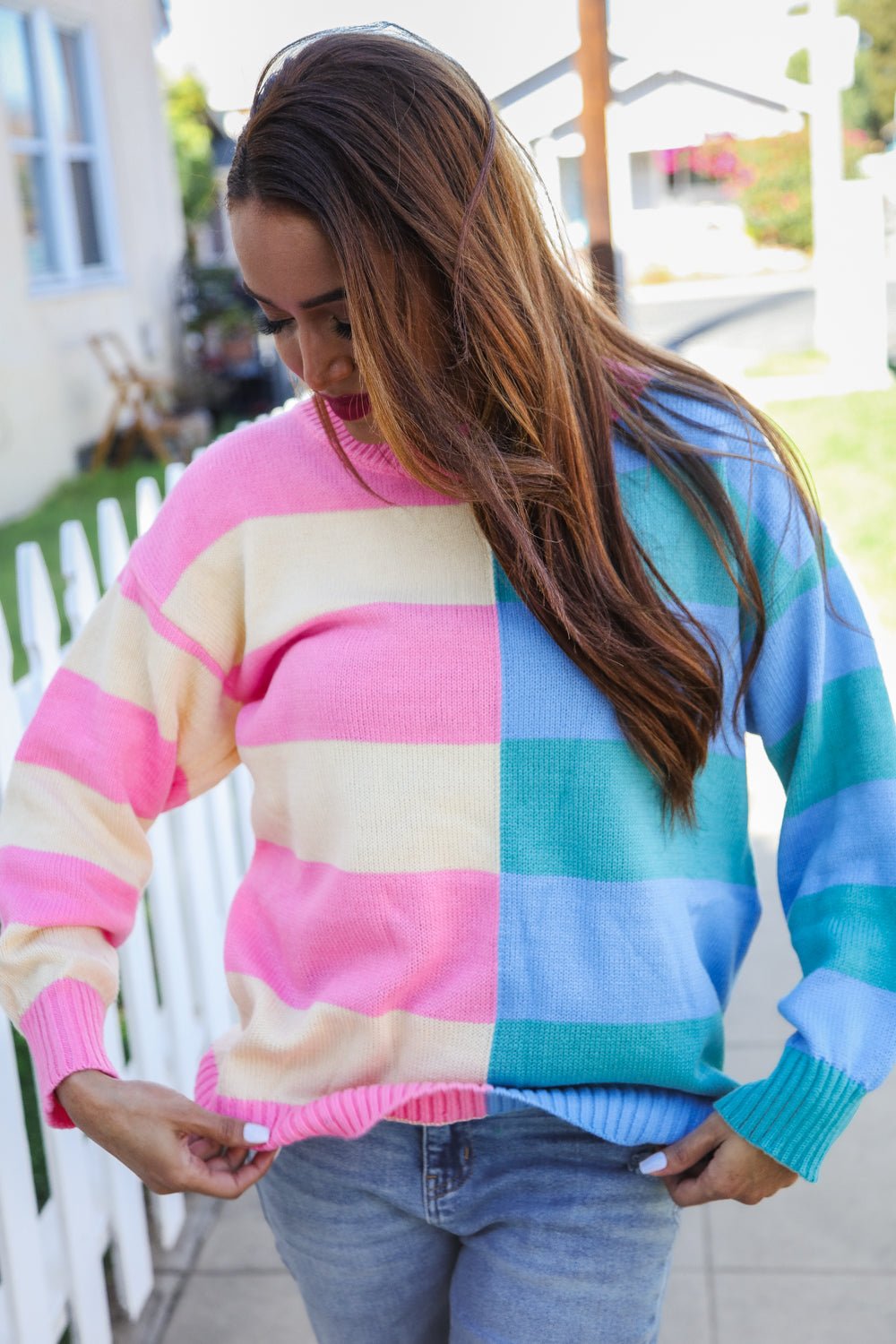 Catch Glances Blush & Blue Stripe Color Block Knit Sweater - Bitsy Gypsy Boutique