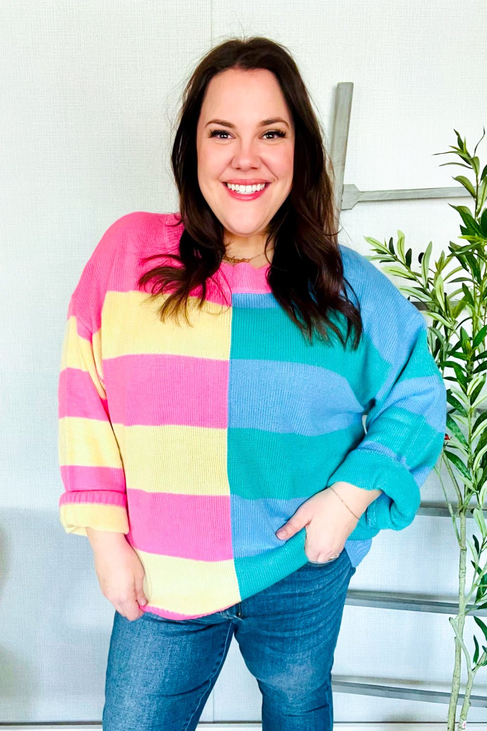 Catch Glances Blush & Blue Stripe Color Block Knit Sweater - Bitsy Gypsy Boutique