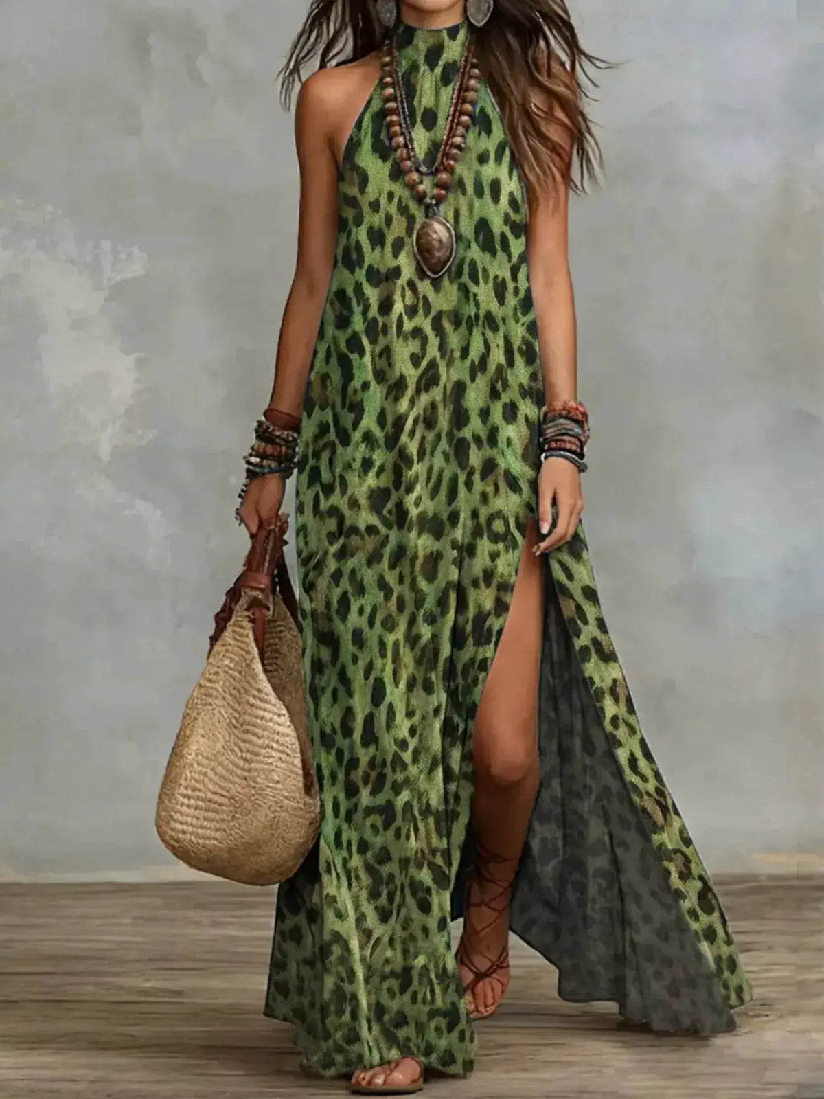 Leopard Print Sleeveless Maxi Dress with Side Slit by Trendsi