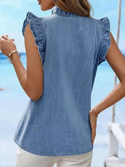 Ruffle Trim V-Neck Sleeveless Denim Top by Trendsi