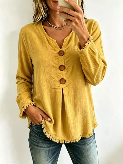 Full Size Frayed Hem Long Sleeve Blouse Plus Size by Trendsi