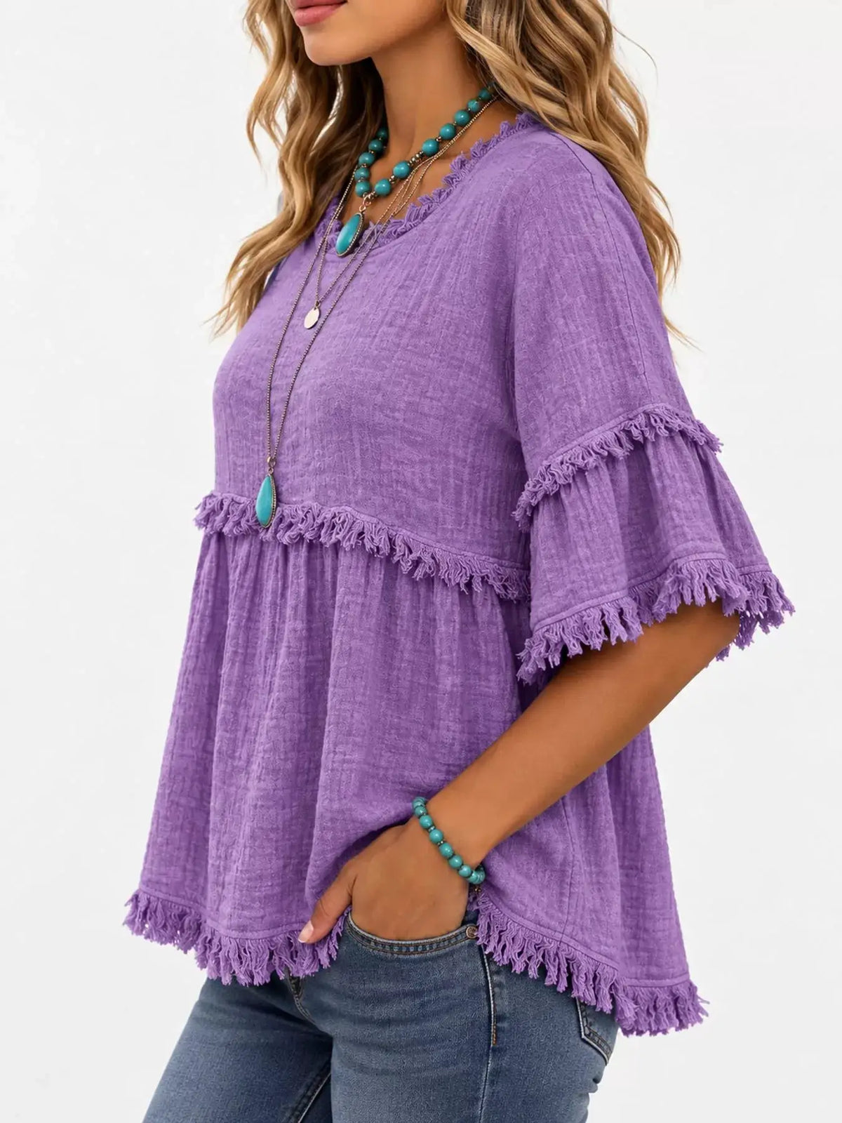 Full Size Frayed Edge Textured Blouse Plus Size by Trendsi