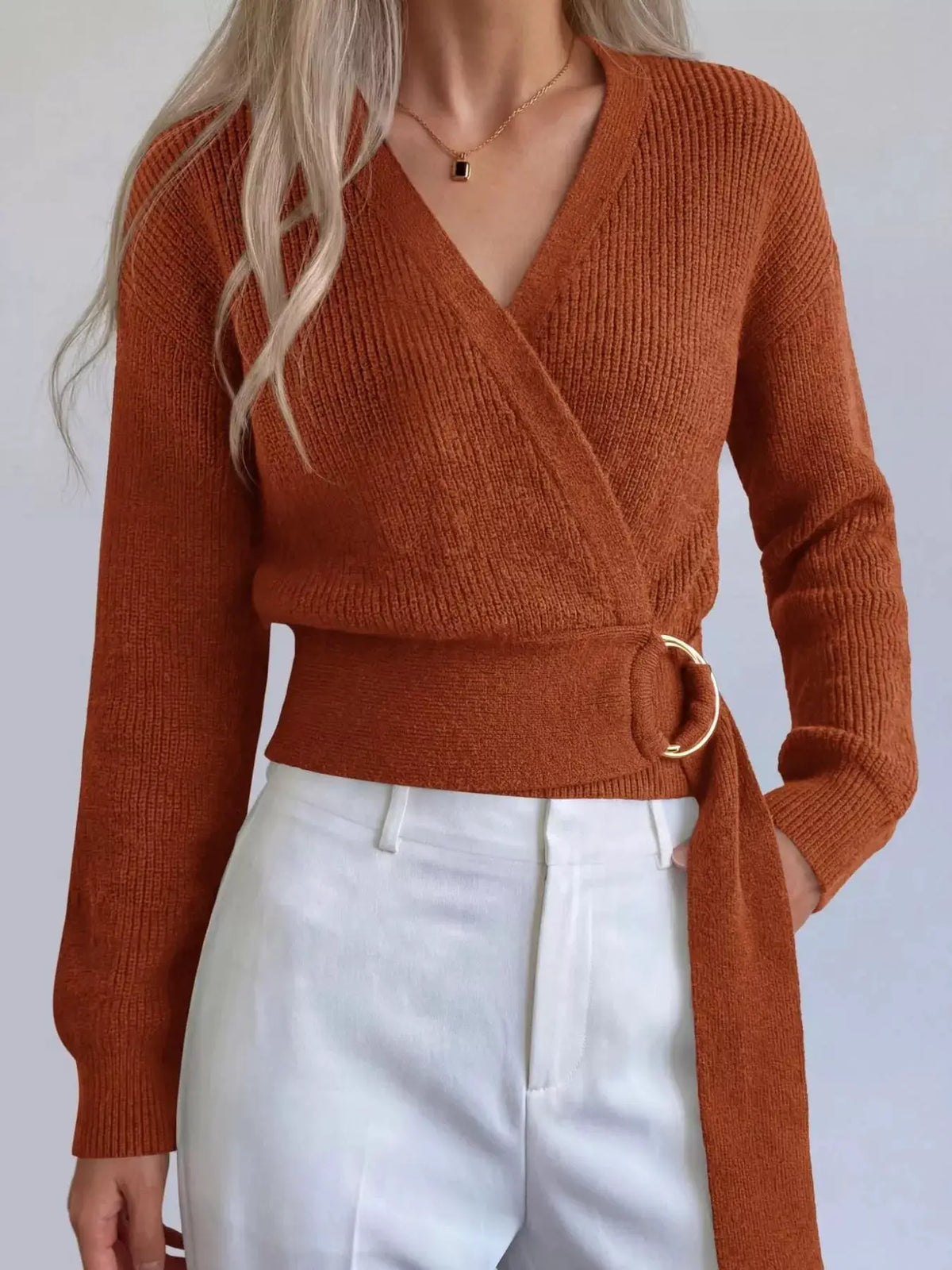 Metal Ring Detail Dropped Shoulder Sweater by Trendsi