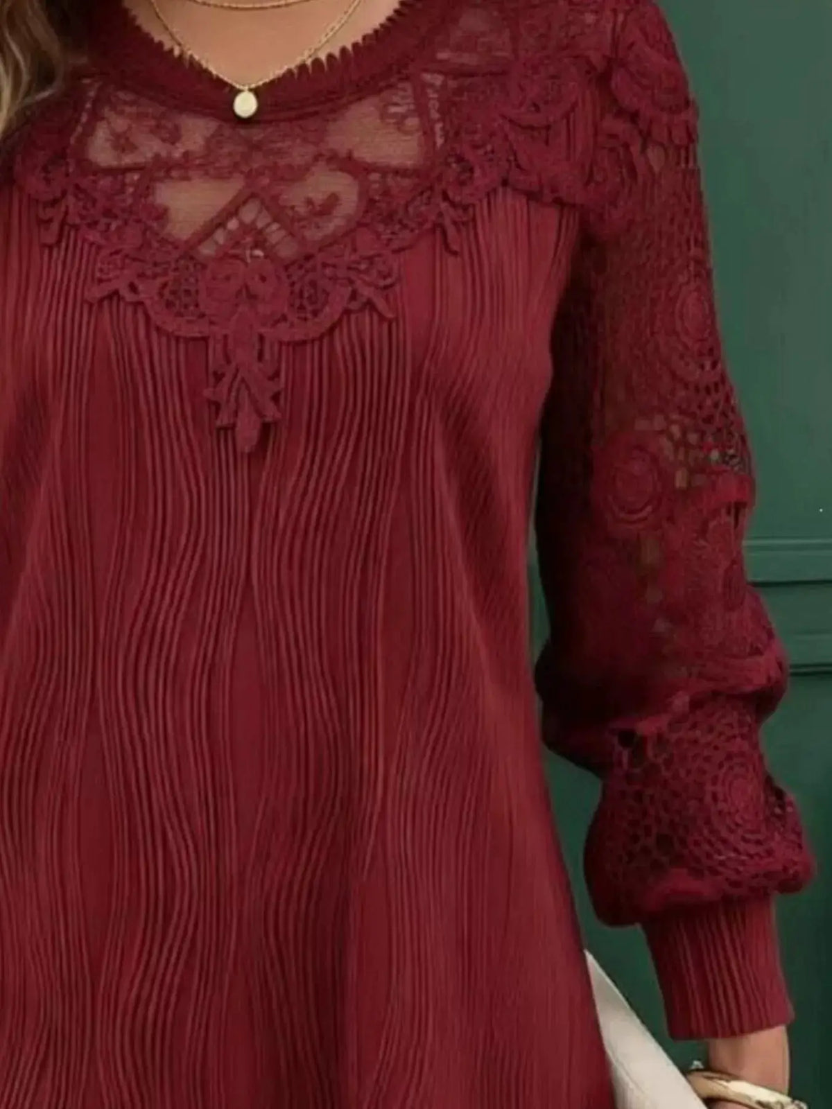 Lace Patchwork Long Sleeve Blouse by Trendsi