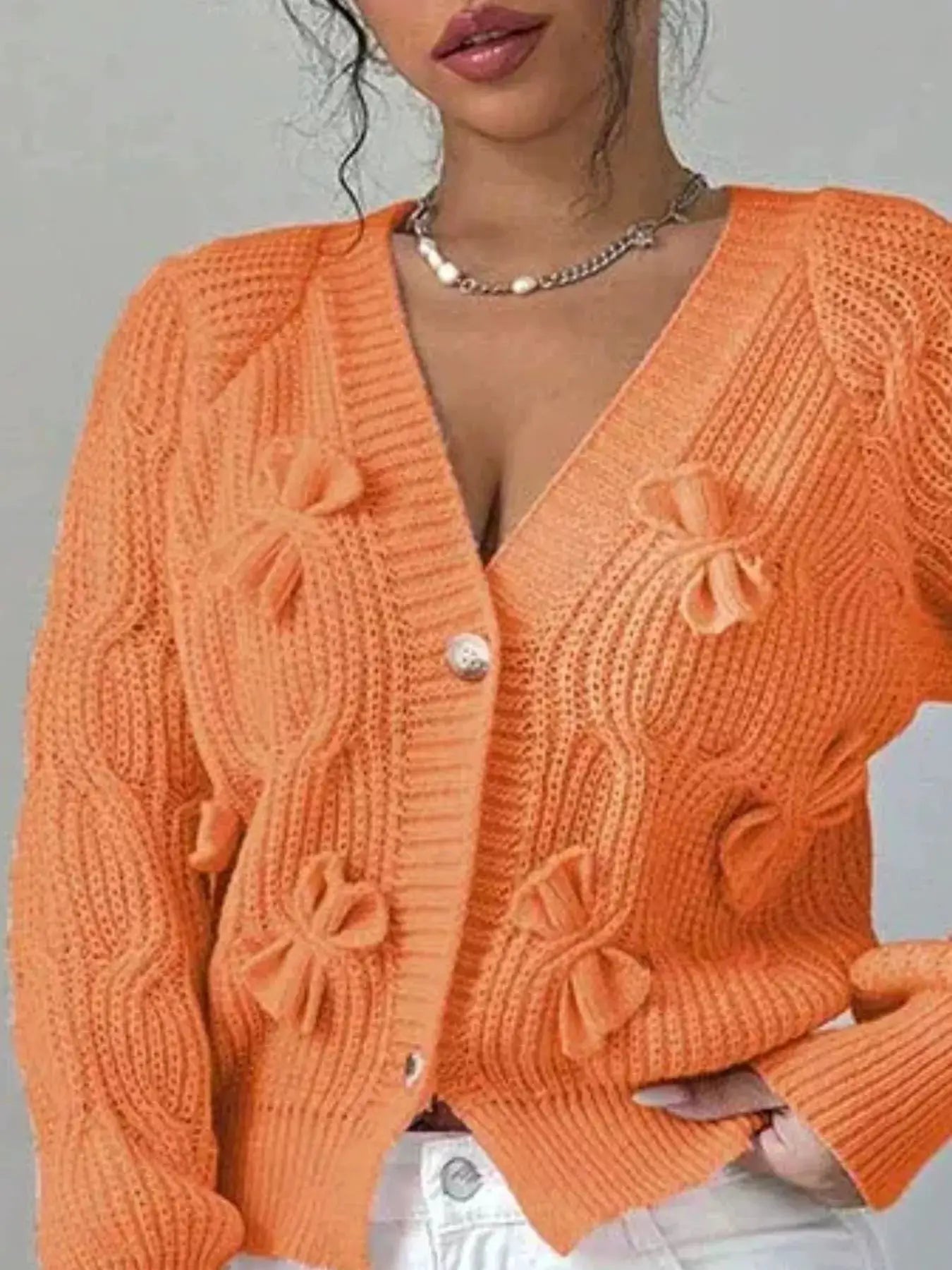 Bow Cable Knit V-Neck Cardigan by Trendsi