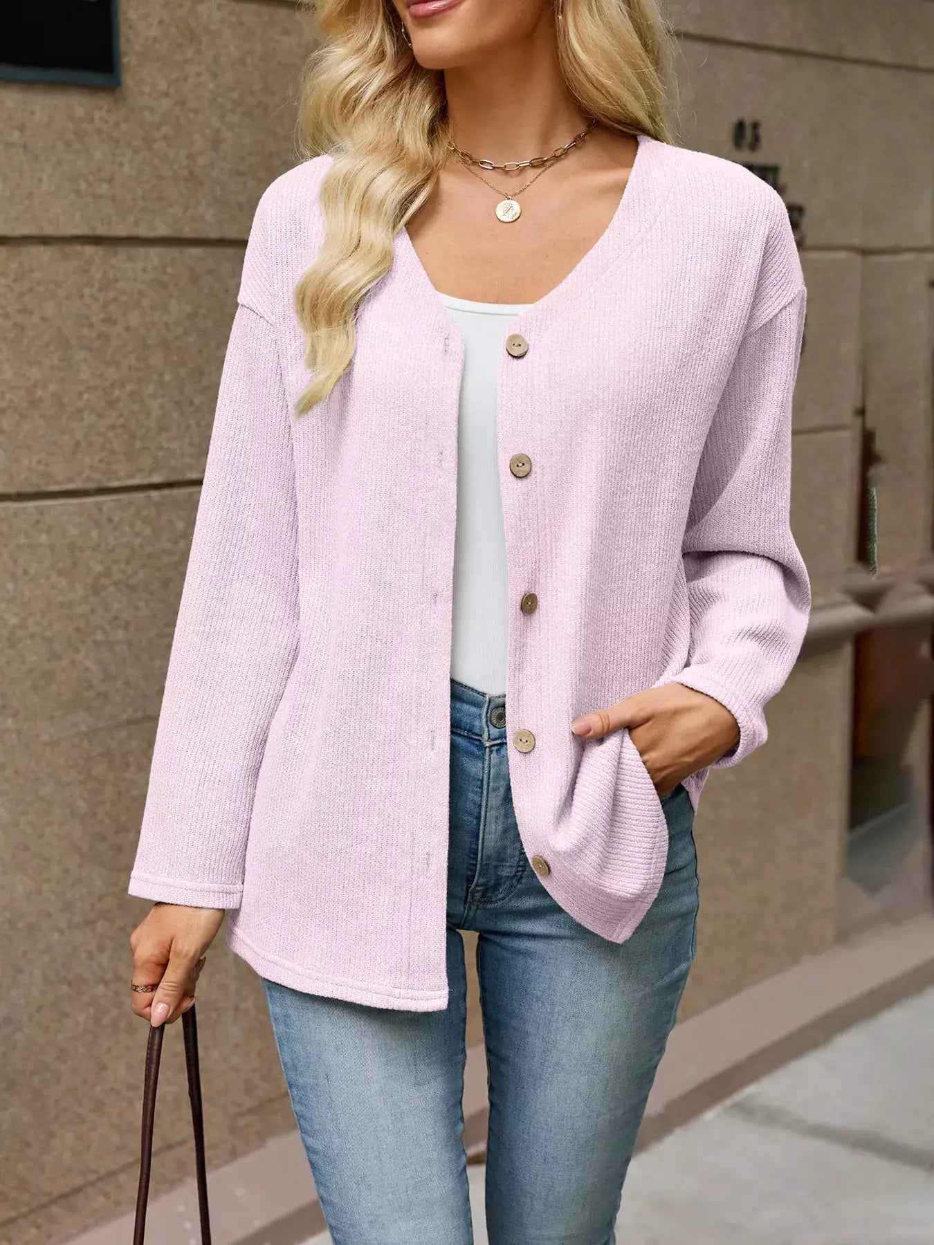 V-Neck Button-Down Cardigan by Trendsi
