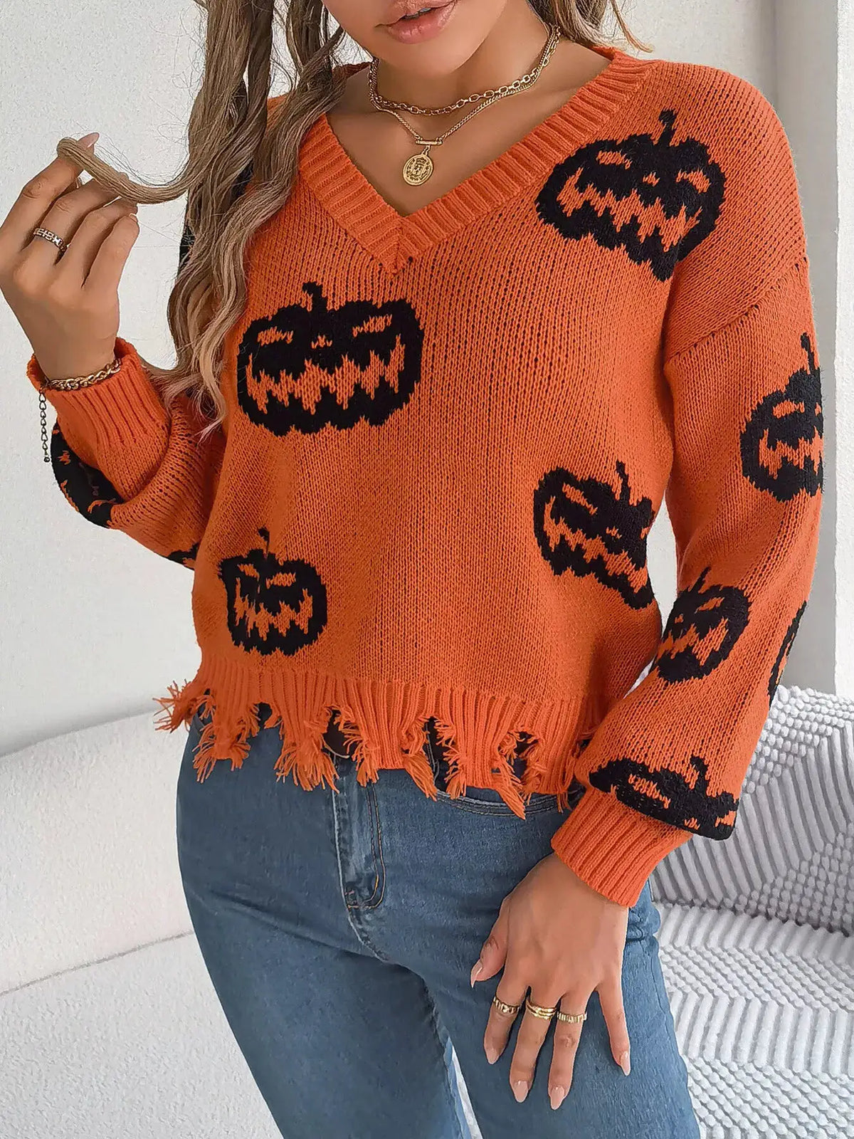 Pumpkin Distressed Hem Sweater by Trendsi