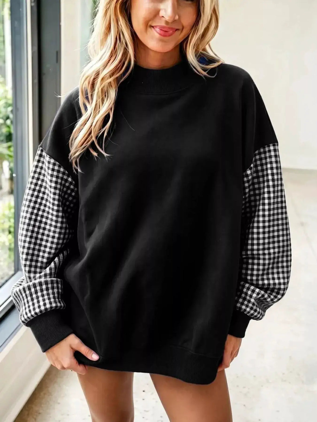 Gingham Sleeves Round Neck Sweatshirt by Trendsi