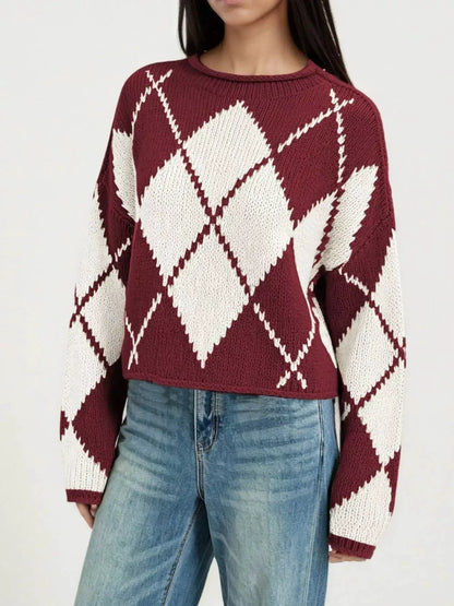 Argyle Pattern Knit Dropped Shoulder Sweater by Trendsi