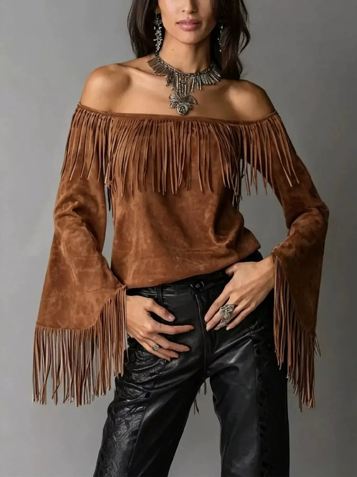 Full Size Fringed Off-Shoulder Flare Sleeve Top Plus Size by Trendsi