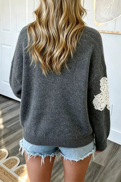 Pearl Embellished Floral Dropped Shoulder Sweater by Trendsi