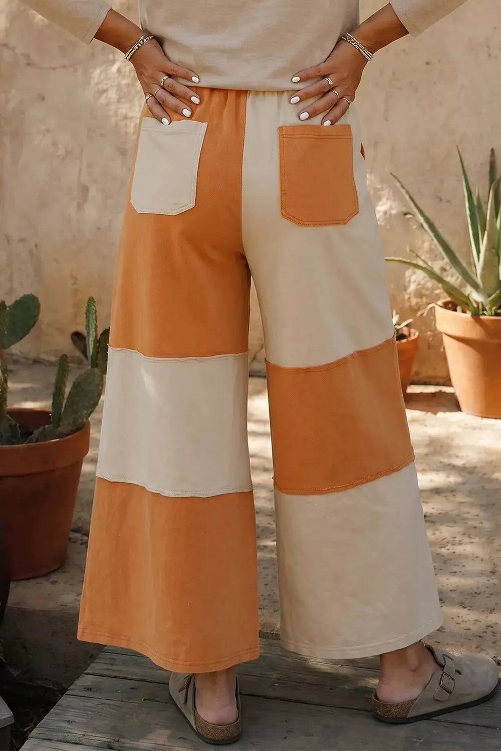 Raw Seam Colorblock Wide Leg Ankle Length Casual Pants by Trendsi