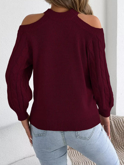 Cold Shoulder Cable Knit Sweater by Trendsi
