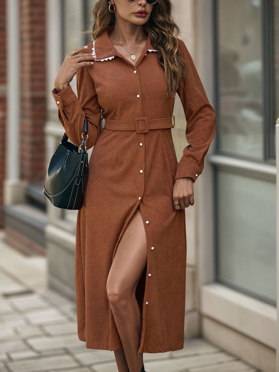 Perfee Lace Detail Collared Neck Long Sleeve Midi Dress