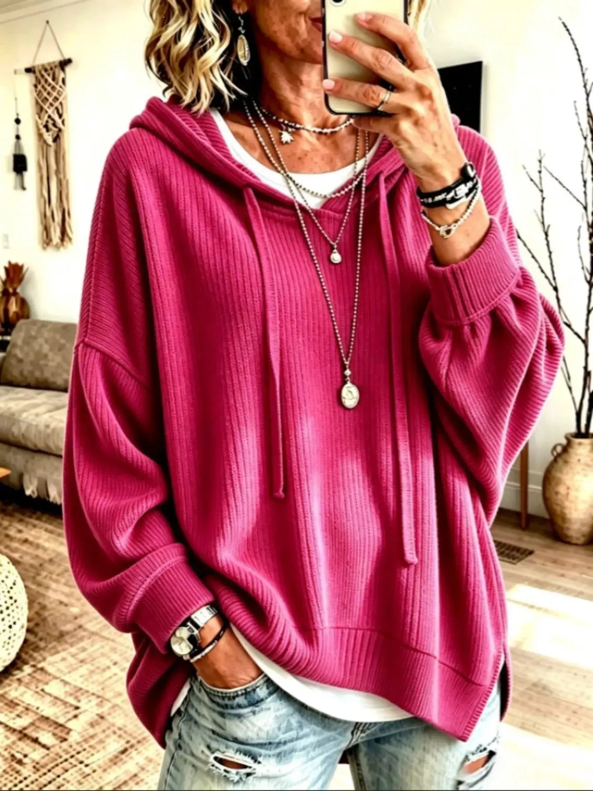 Drawstring Ribbed Knit Hoodie by Trendsi
