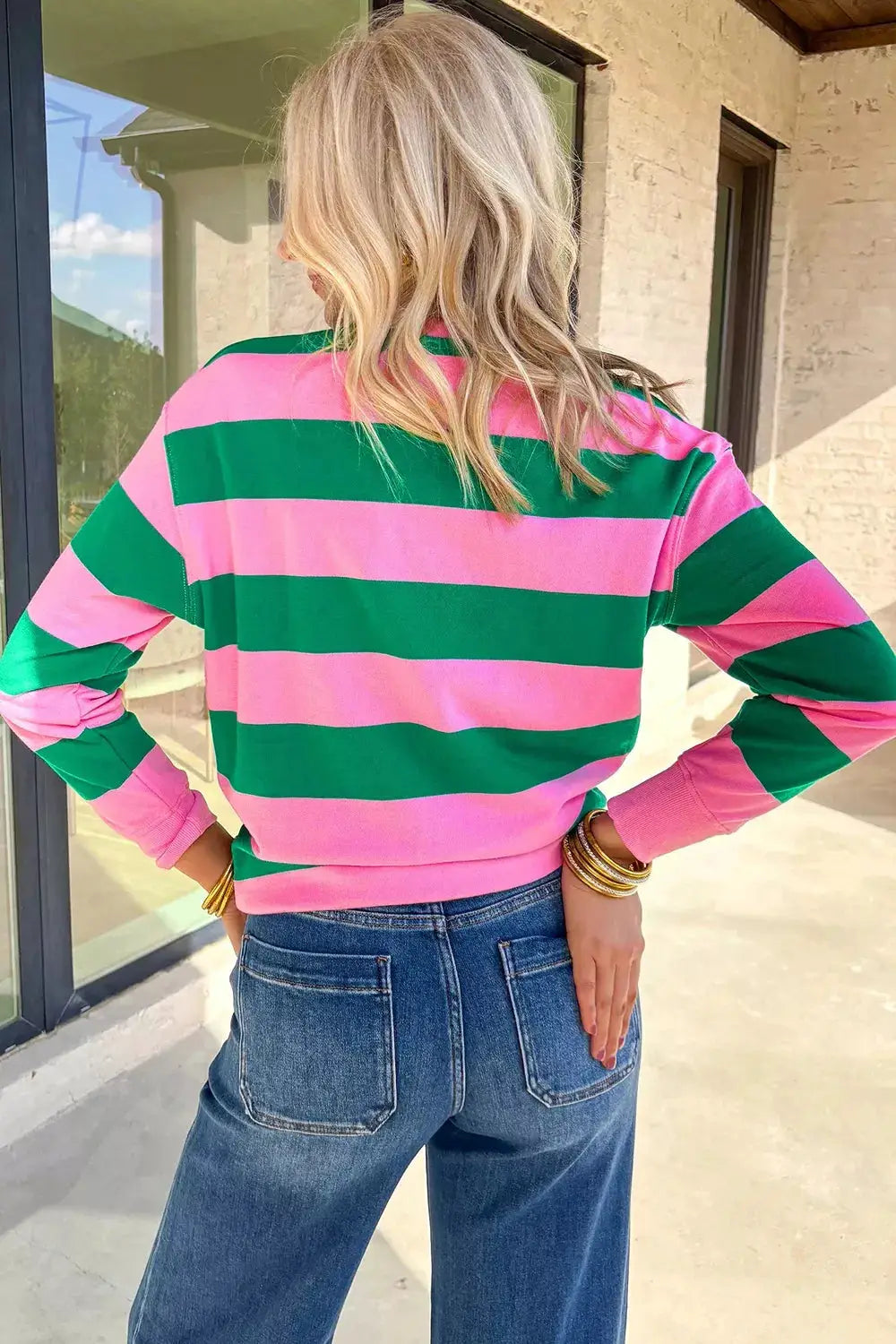 Stripe holly jolly Letter Embroidered Pullover Sweatshirt by Trendsi