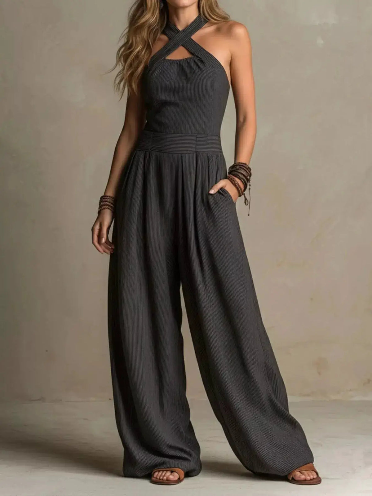 Full Size Halter Neck Wide-Leg Jumpsuit Plus Size by Trendsi