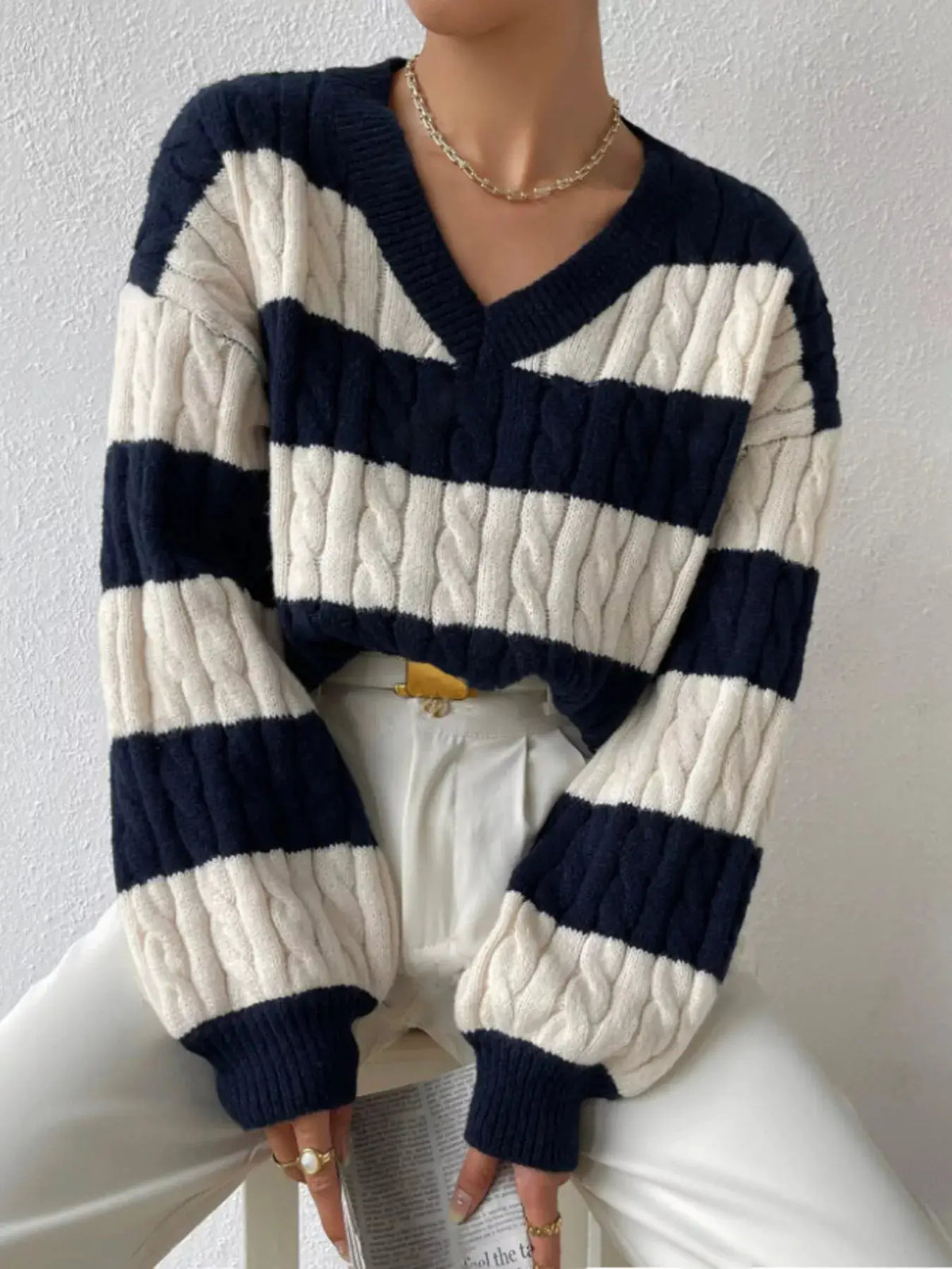 V-Neck Striped Cable Knit Sweater by Trendsi