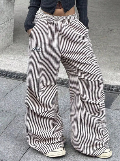 High-Waisted Striped Wide-Leg Cargo Pants with Drawstring by Trendsi