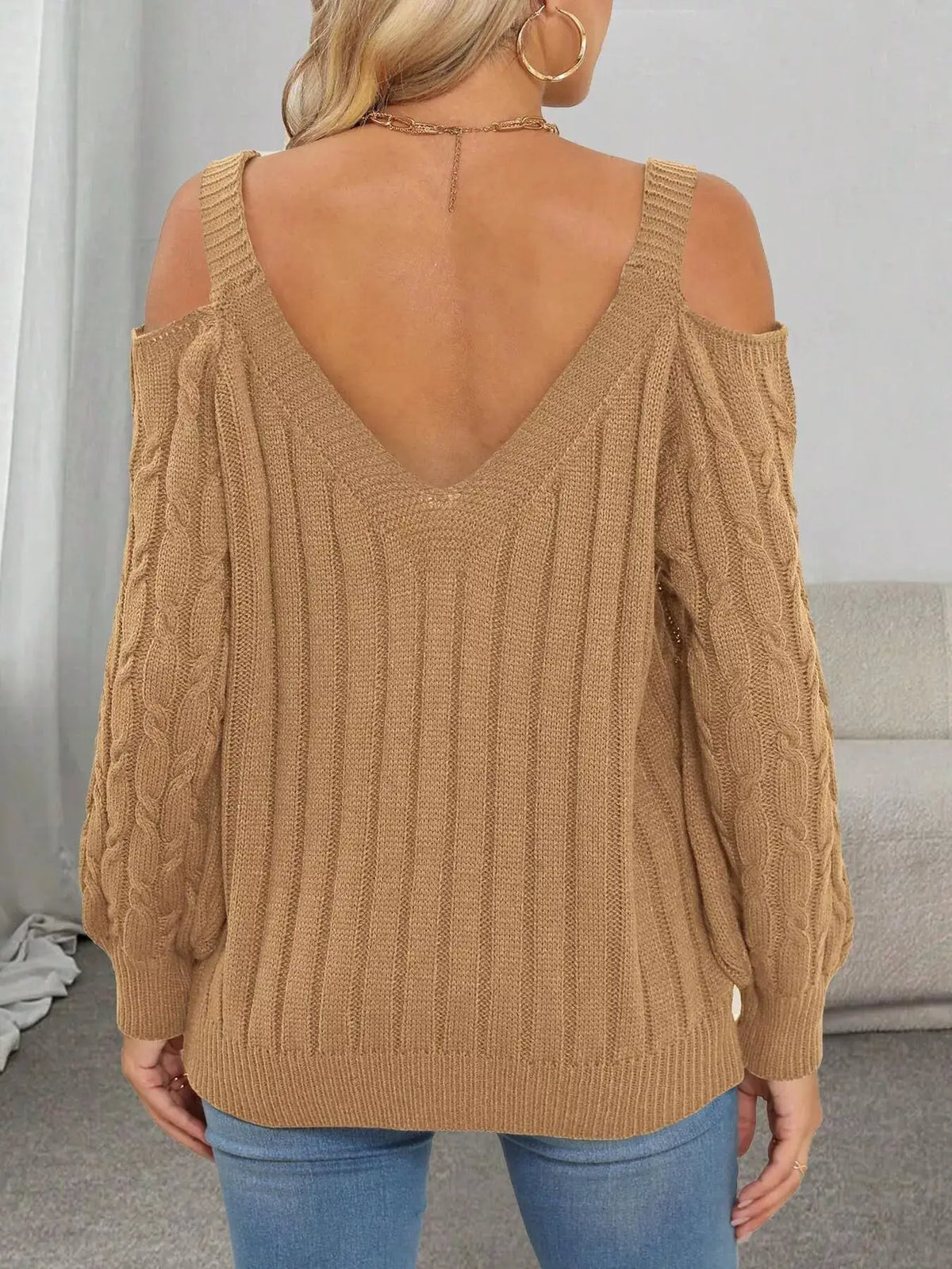 Floral Applique Cold Shoulder Cable Knit Sweater by Trendsi