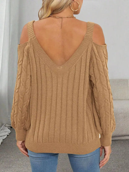 Floral Applique Cold Shoulder Cable Knit Sweater by Trendsi