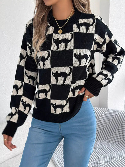 Checkerboard Halloween Graphic Sweater by Trendsi