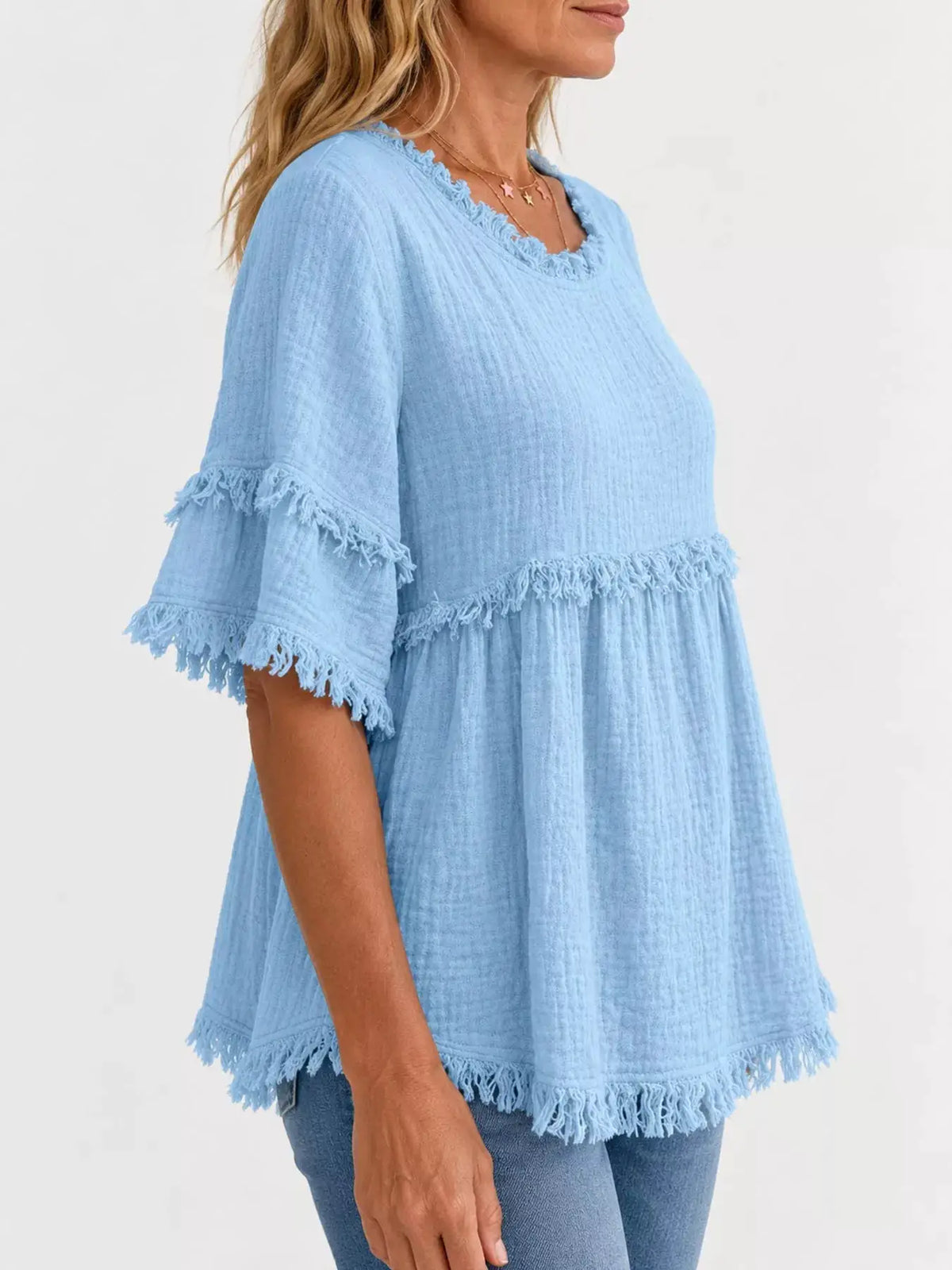 Full Size Frayed Edge Textured Blouse Plus Size by Trendsi