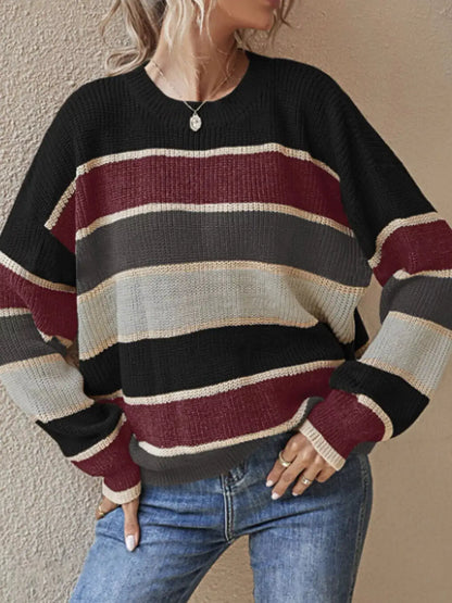 Color Block Striped Crew Neck Sweater by Trendsi