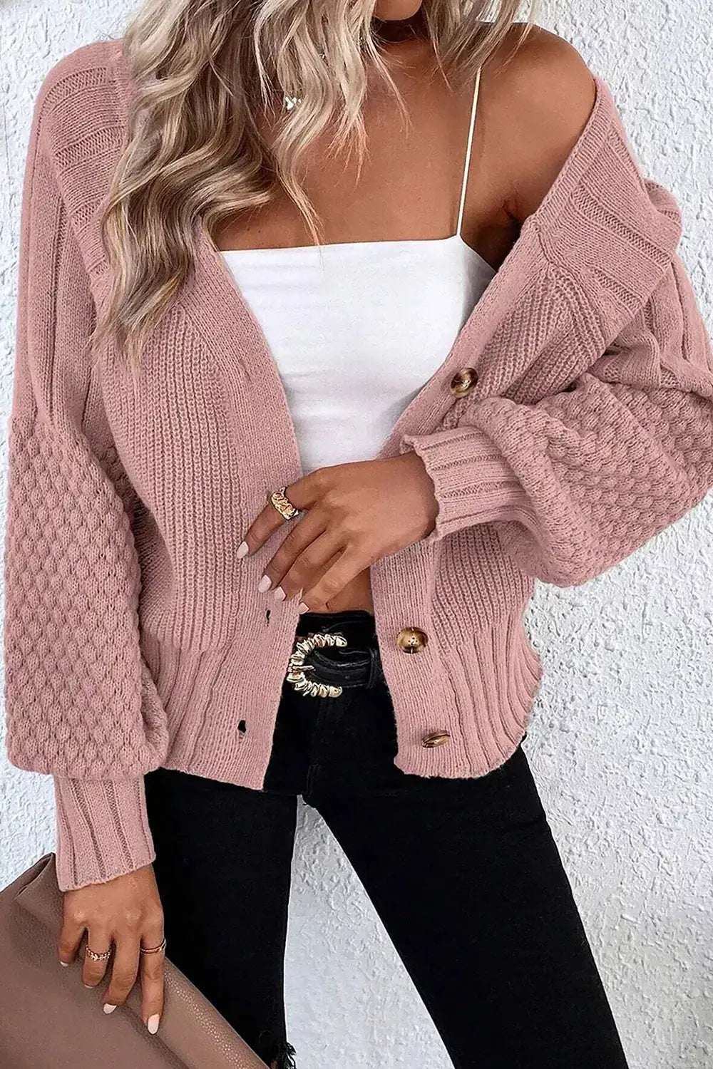 V-Neck Button-Down Cardigan by Trendsi