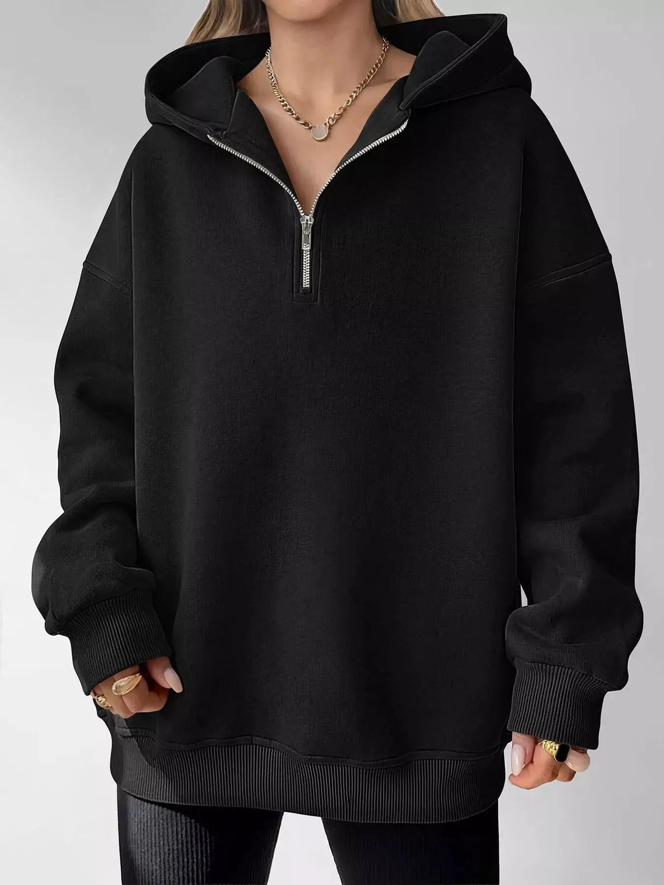 Oversized Quarter-Zip Hoodie by Trendsi
