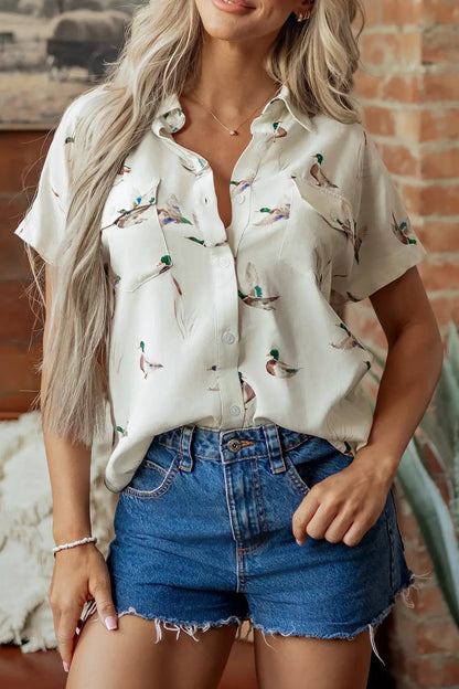 Mallard Printed Button Flap Pocket Short Sleeve Shirt by Trendsi